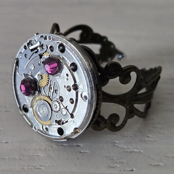 Jewelry - Steampunk Mechanical Watch Movement Ring with Pink Jewels